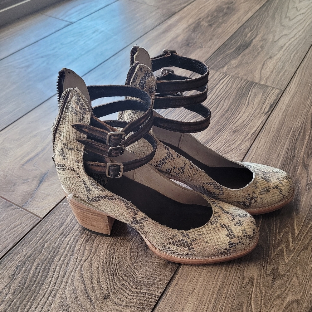 Freebird Snakeskin Patterned Heels with Buckle Straps